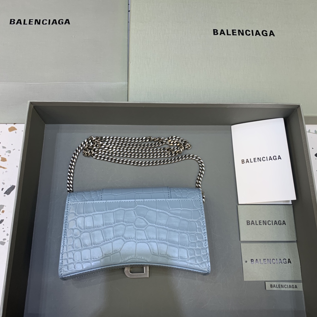 Balenciaga Small Hourglass Wallet With Chain Crocodile Embossed Shoulder Bag Light Blue